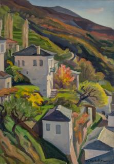 Makrinitsa, View Below the Square — Oil painting, Canvas, 46.00×65.00cm — Theodoros Markellos
